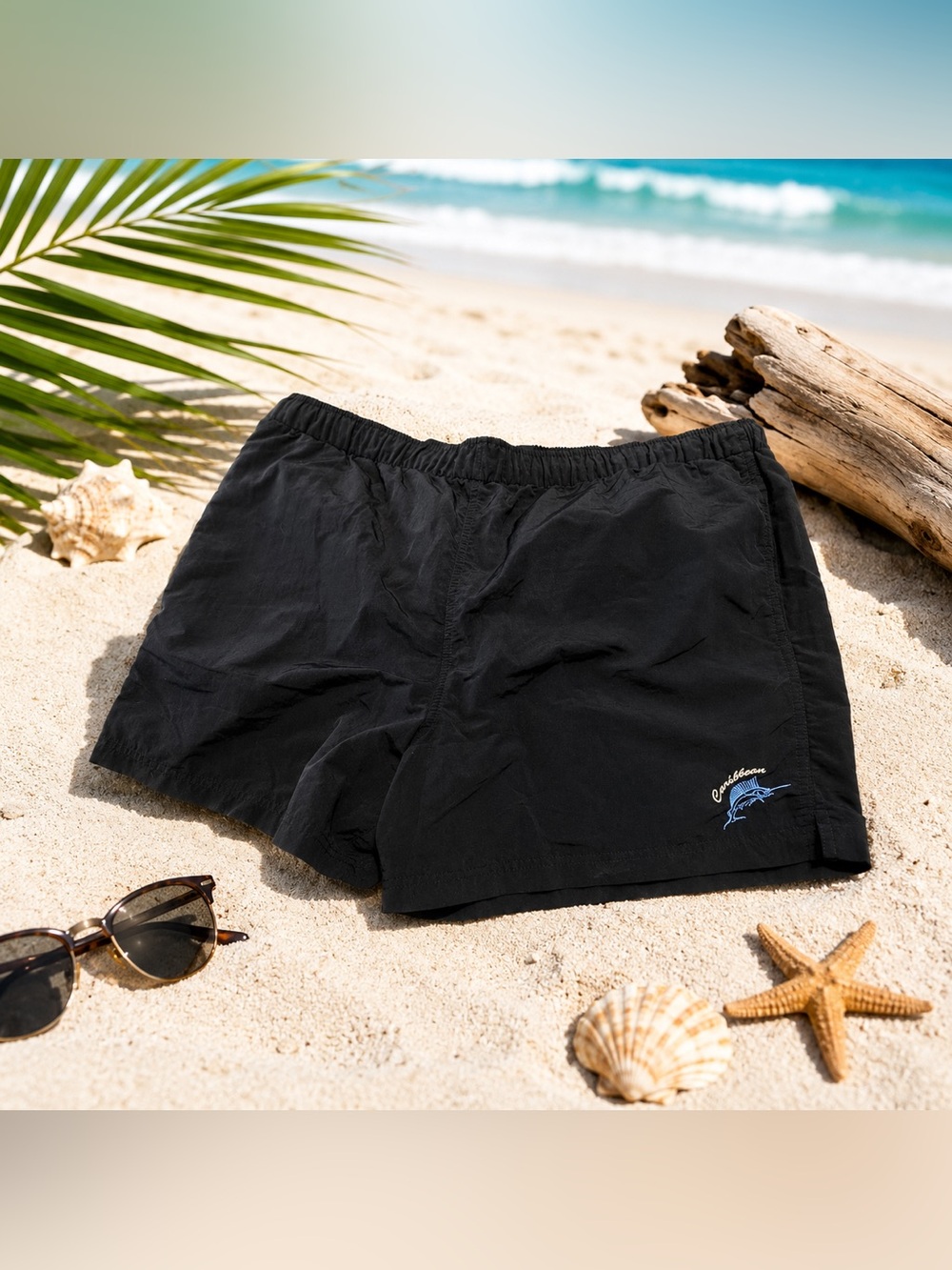 Carribbean Men's Black Swim Trunks Size L Zipper Pocket Mesh Lined Beach Shorts